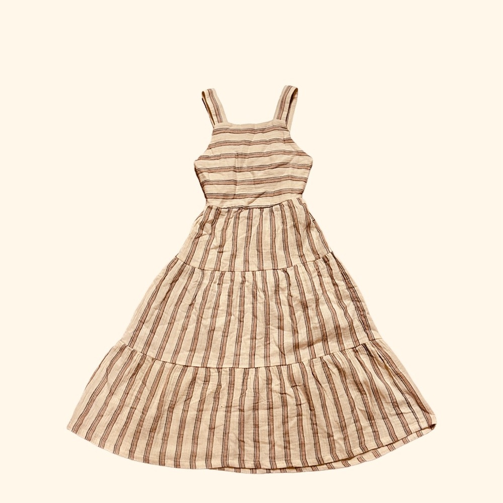 Girl’s Cotton Dress Size S Small 6 6x Colorful Planet Striped Ecru Cream Blue